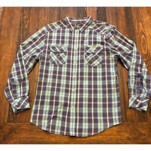 Straight Faded Plaid  Button Up Shirt, Men's Size Large